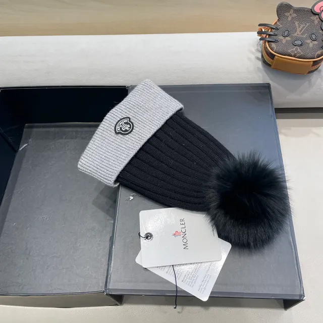 Moncler Gris Noir Tricoté Côtes Deux Tons Bonnet 9