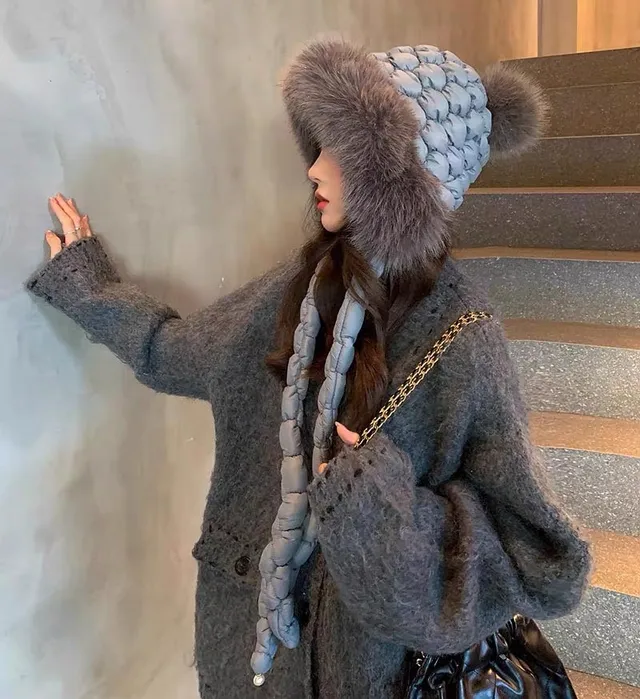 Moncler Gray Quilted Braided Strap Faux Fur Trim Beanie 2
