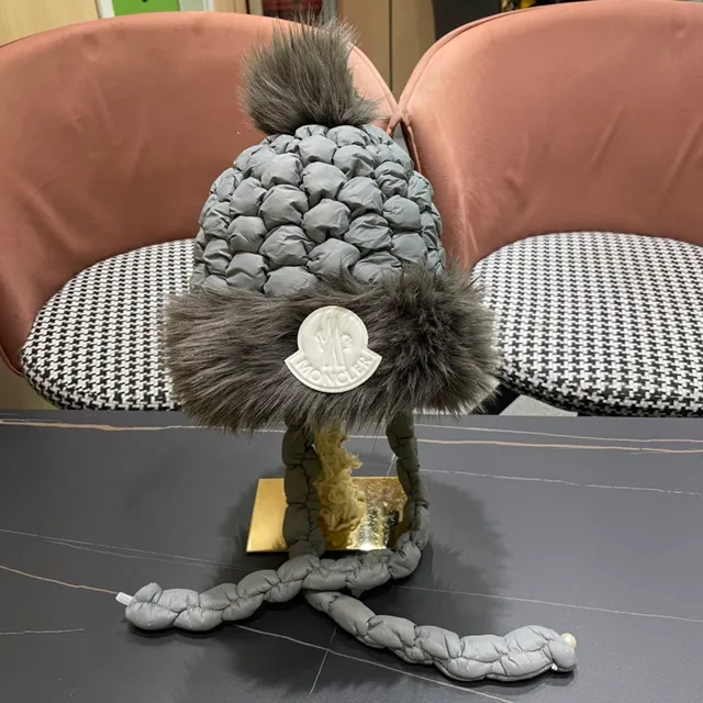 Moncler Gray Quilted Braided Strap Faux Fur Trim Beanie 3