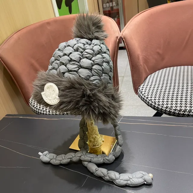 Moncler Gray Quilted Braided Strap Faux Fur Trim Beanie 4