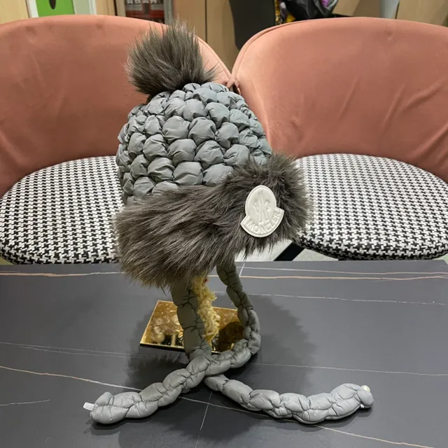Moncler Gray Quilted Braided Strap Faux Fur Trim Beanie 5