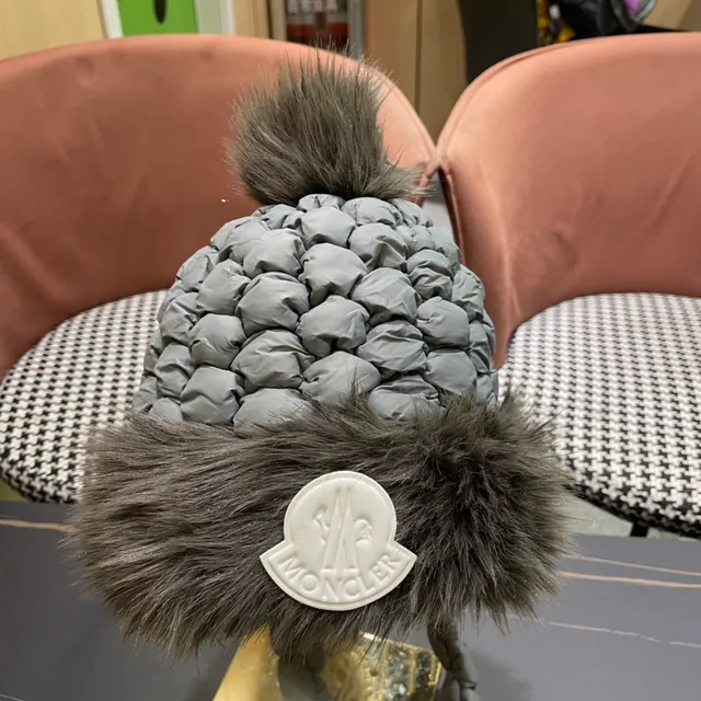 Moncler Gray Quilted Braided Strap Faux Fur Trim Beanie 6