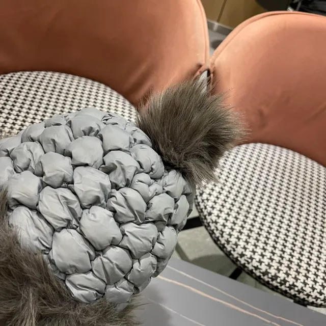 Moncler Gray Quilted Braided Strap Faux Fur Trim Beanie 7