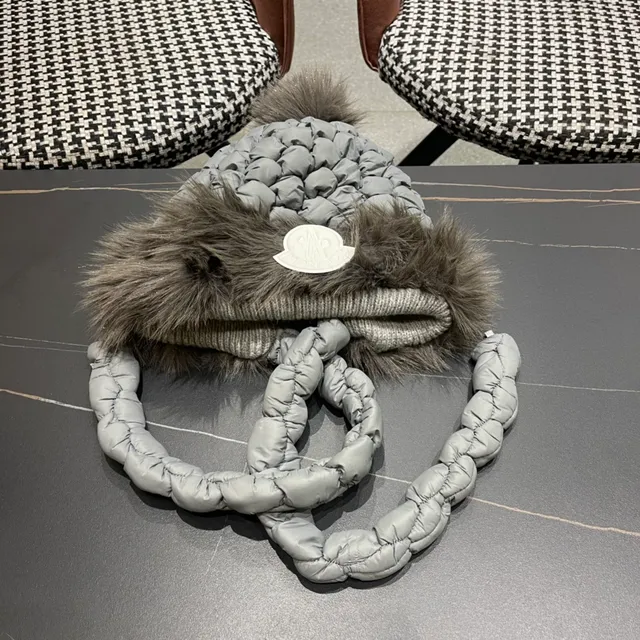 Moncler Gray Quilted Braided Strap Faux Fur Trim Beanie 10