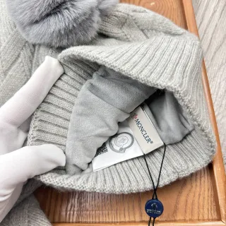 Moncler Gray Ribbed Knit Faux Fur Pom-Pom Beanie