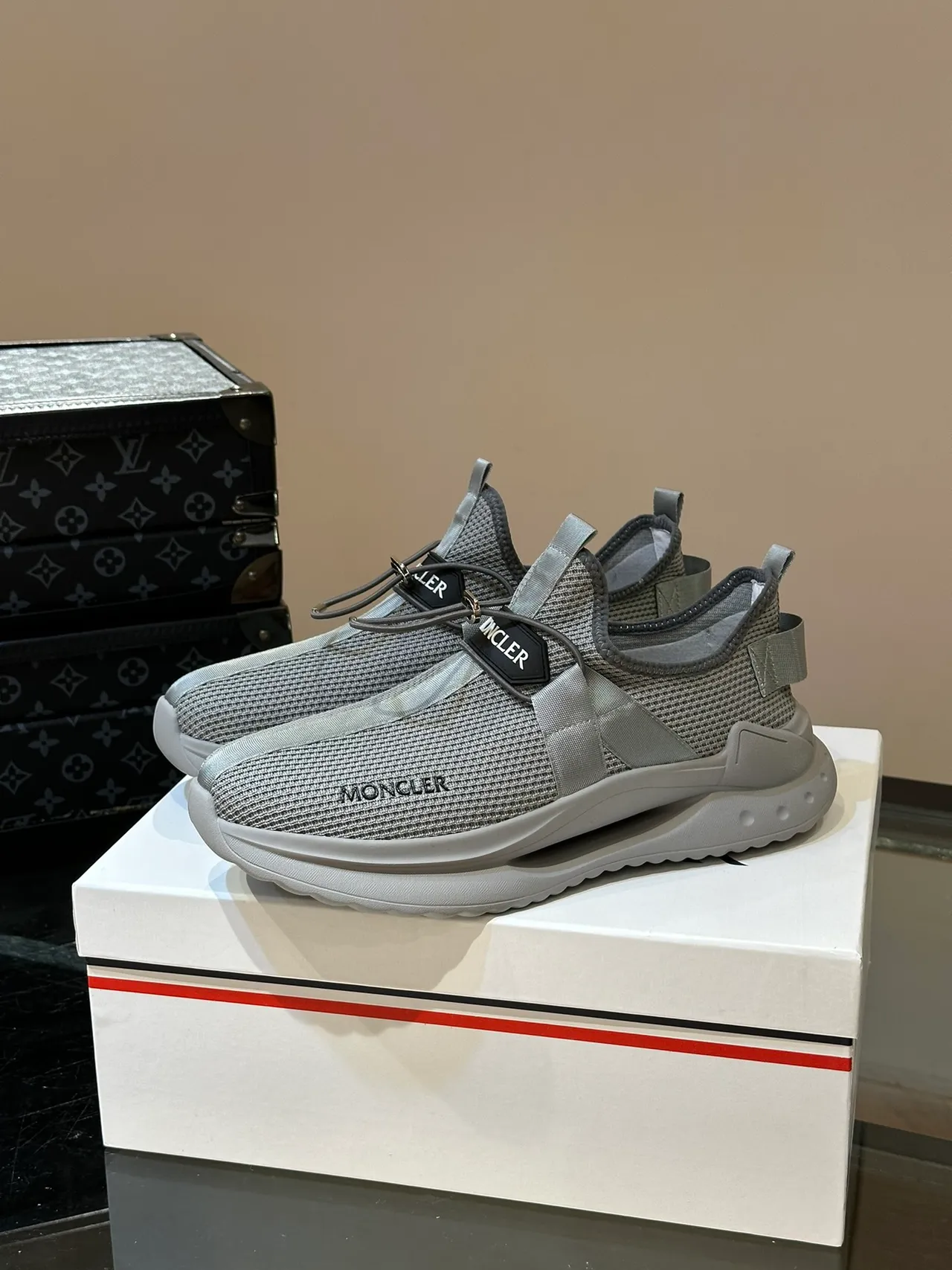 Moncler Gray Silver Knit Slip-On Integrated Strap System Lifestyle Sneakers 5