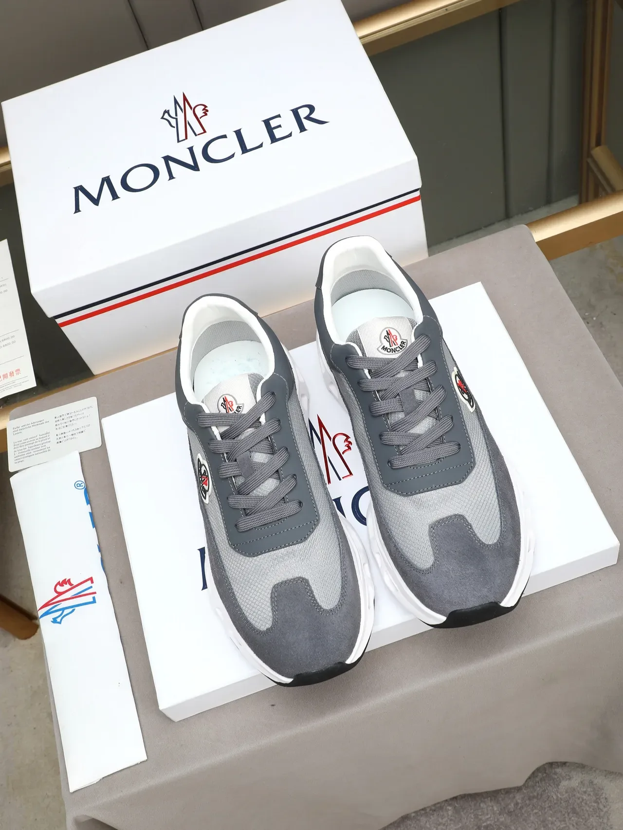 Moncler Gray White Mixed-Material Upper Sculpted Perforated Midsole Sneakers 2
