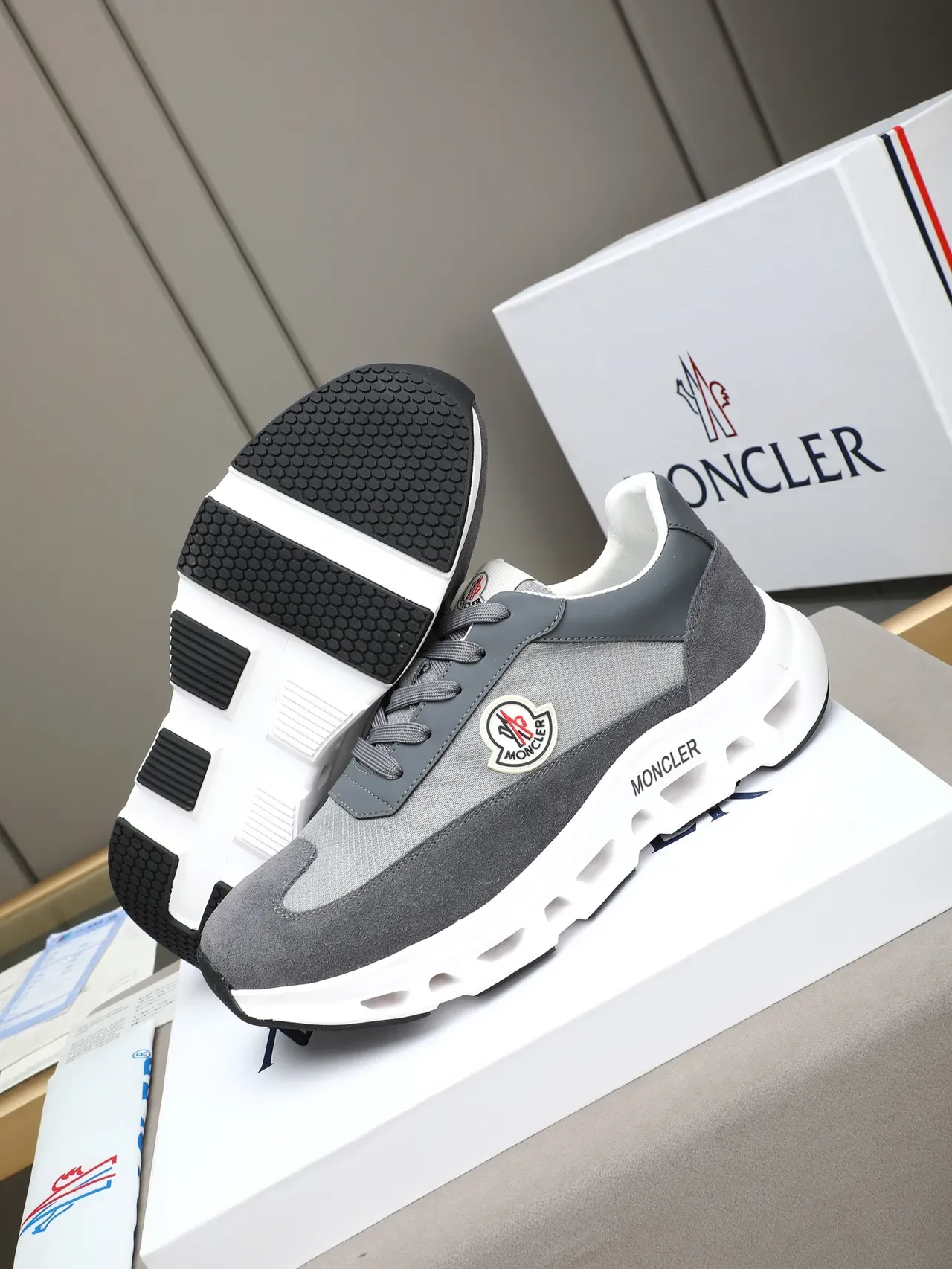 Moncler Gray White Mixed-Material Upper Sculpted Perforated Midsole Sneakers 4