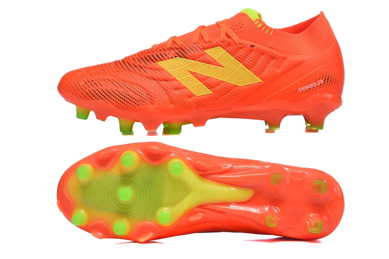 New Balance Tekela Orange Vert, Upper Synthétique Texturé, Soles Studs Moldées, Pour Terrain Firme, Chaussures de Football 9
