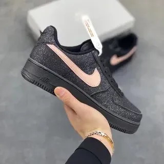 Nike Air Force 1 Black Pink Glitter Upper Metallic Swoosh Lifestyle Sneakers
