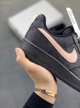 Nike Air Force 1 Black Pink Glitter Upper Metallic Swoosh Lifestyle Sneakers 5