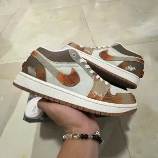 Nike Air Jordan 1 Beige Brown Low-Top Silhouette Canvas And Suede Patchwork Lifestyle Sneakers