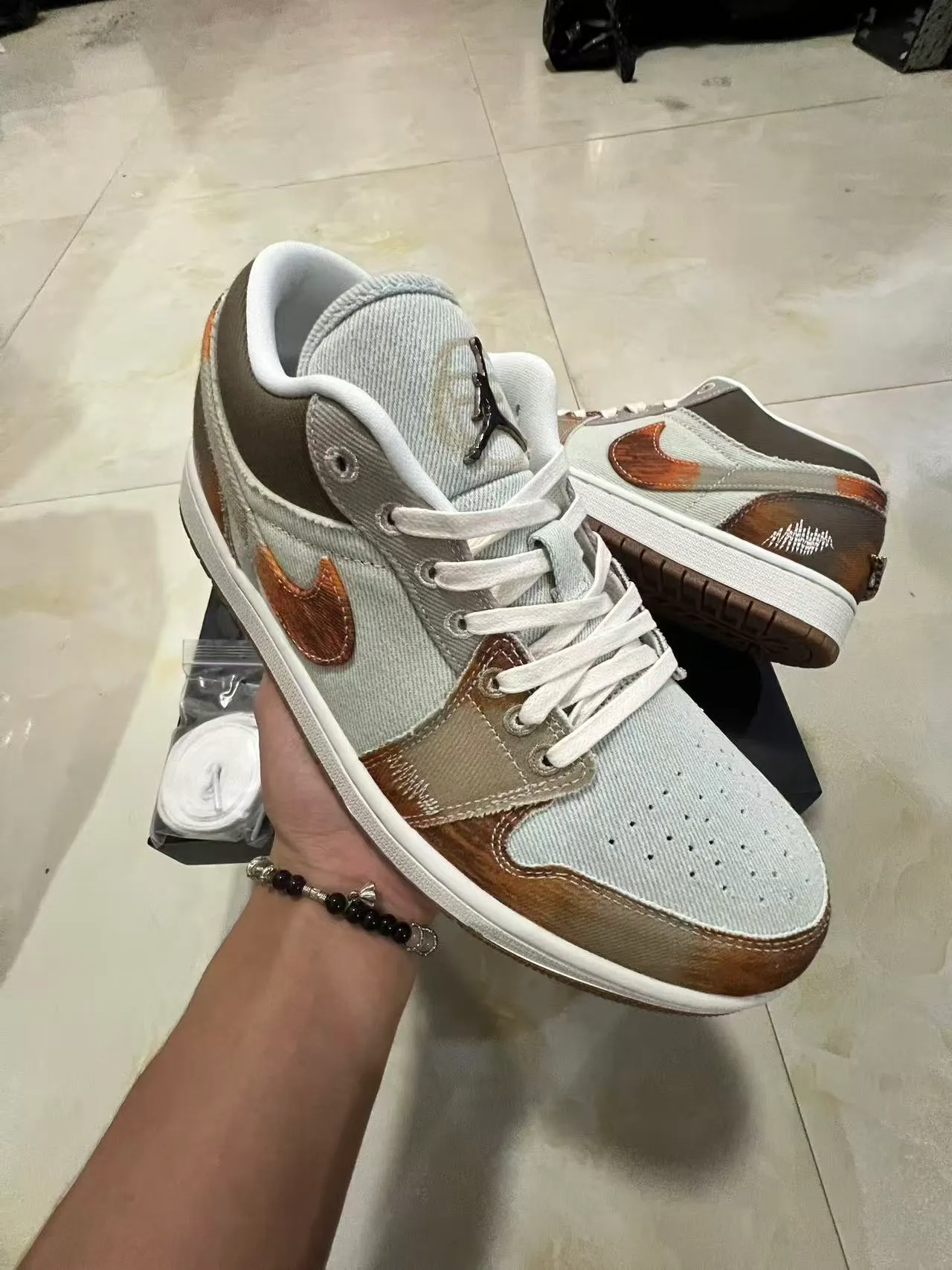 Nike Air Jordan 1 Beige Brown Low-Top Silhouette Canvas And Suede Patchwork Lifestyle Sneakers 2