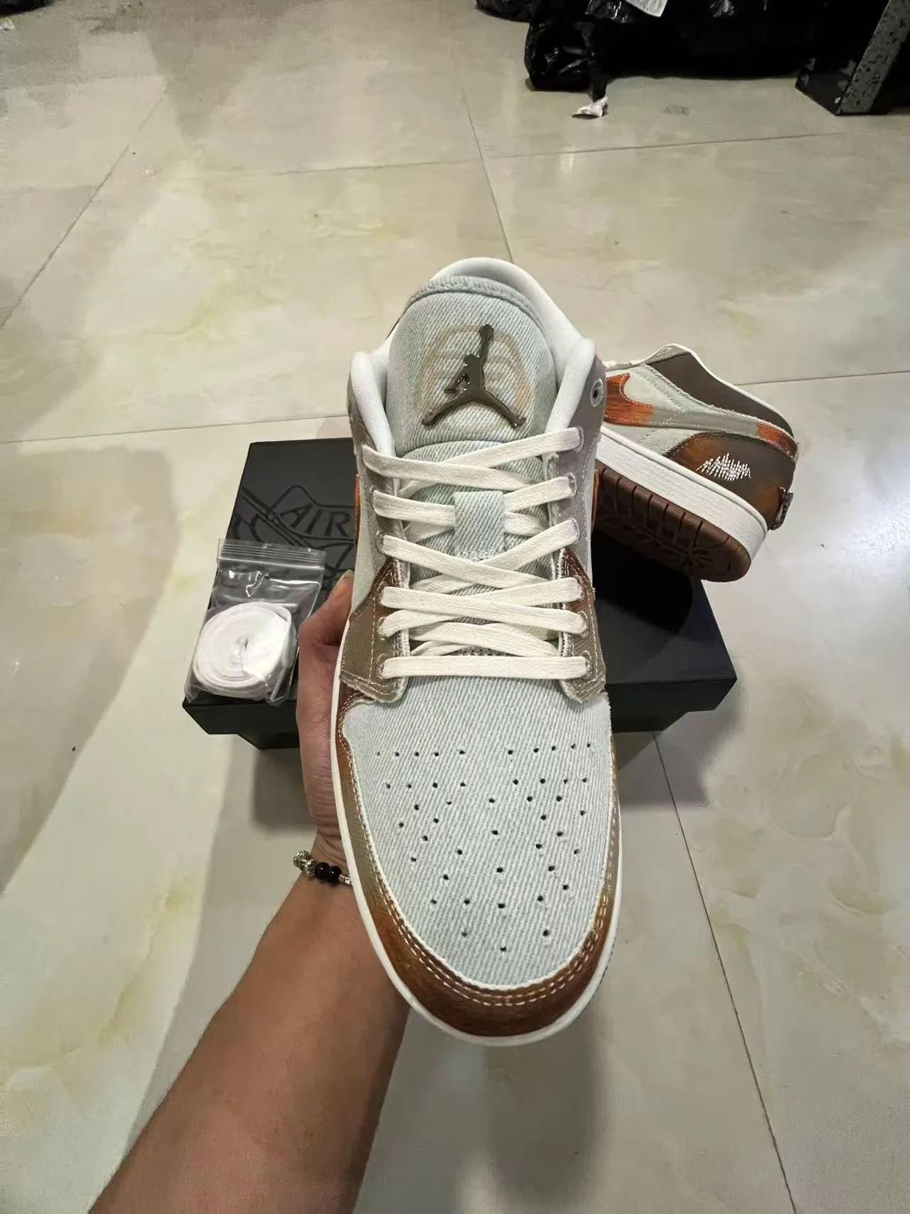 Nike Air Jordan 1 Beige Brown Low-Top Silhouette Canvas And Suede Patchwork Lifestyle Sneakers 3