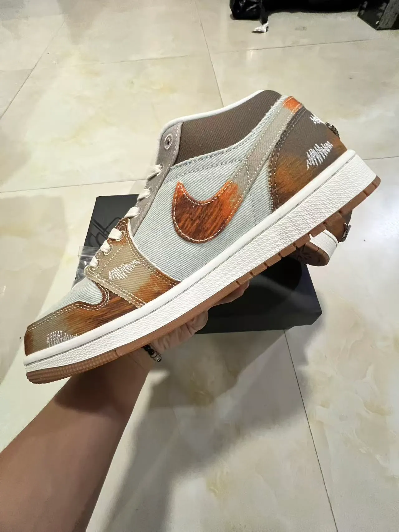 Nike Air Jordan 1 Beige Brown Low-Top Silhouette Canvas And Suede Patchwork Lifestyle Sneakers 5