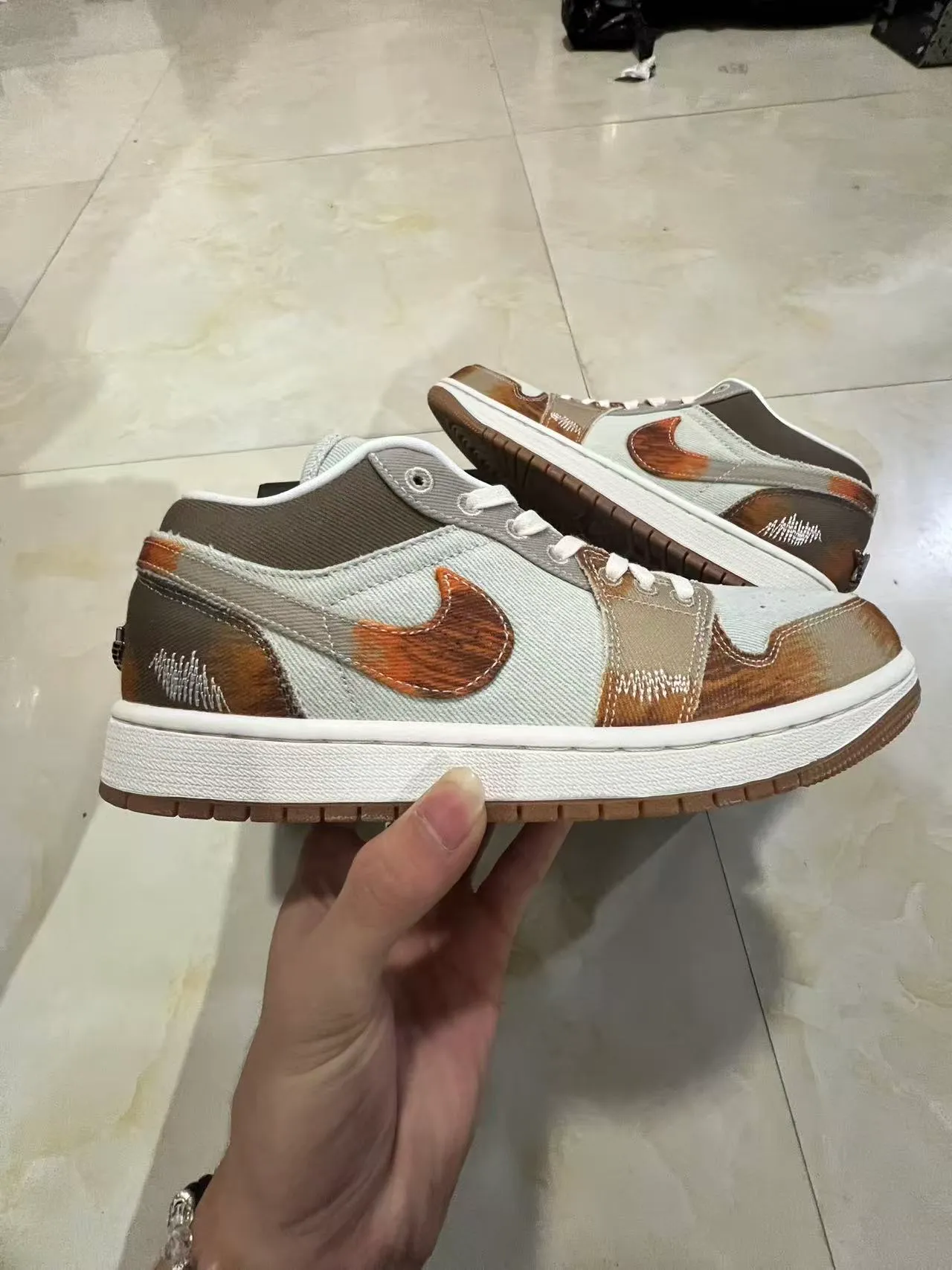 Nike Air Jordan 1 Beige Brown Low-Top Silhouette Canvas And Suede Patchwork Lifestyle Sneakers 7