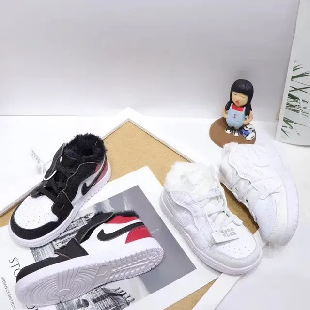 Nike Air Jordan 1-Inspired Plush-Lined White Black Red Kids Lifestyle Sneakers 4