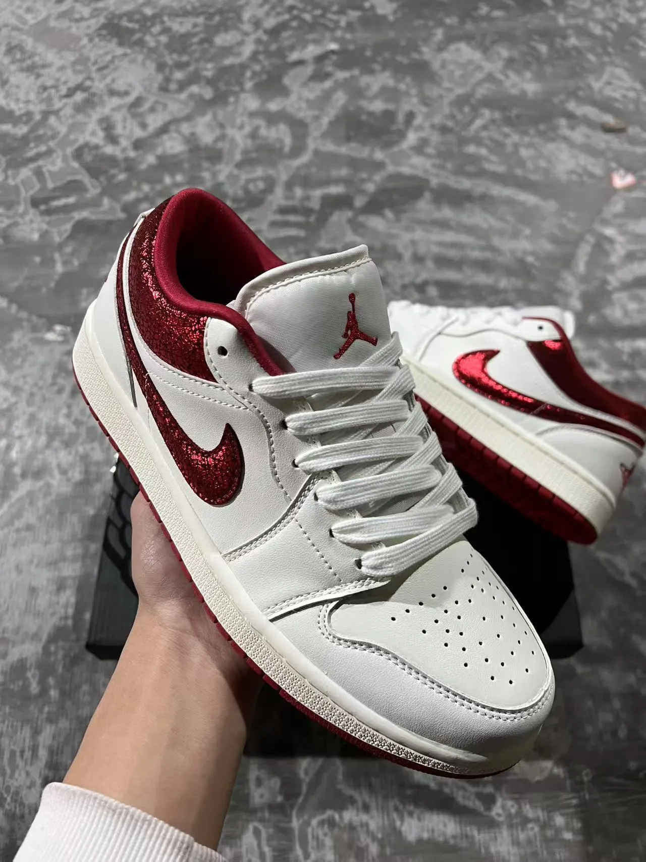 Nike Air Jordan 1 Low White and Red Glitter Lifestyle Sneakers 2