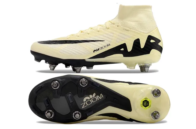 Nike Beige Black High-Cut Flyknit Collar Asymmetric Lacing System Firm-Ground Soccer Shoes 7