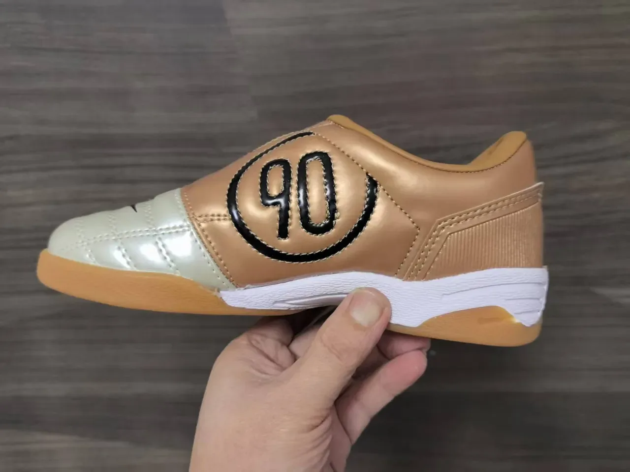Nike Beige Brown Quilted Metallic Upper Gum Rubber Outsole Indoor Soccer Shoes 4