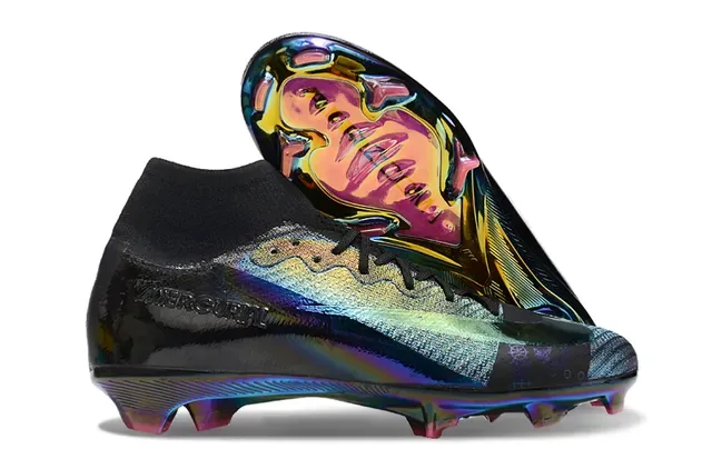 Nike Sapatos de futebol Low-Cut Sock-Fit Collar Firm-Ground Upper Preto Multicolor Iridescente Holográfico 1
