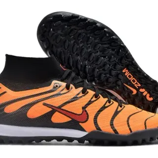 Nike Black Orange High-Top Sock-Fit Collar Flame-Pattern Synthetic Overlays Turf Soccer Shoes