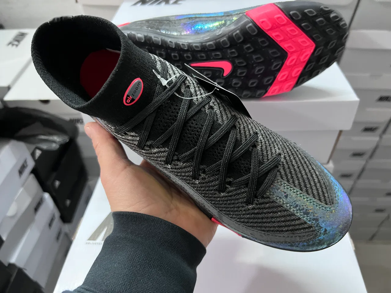 Nike Sapatos de Futebol Turf Preto Rosa Colar Ajustado a Meia Overlay de Onda Iridescente 5