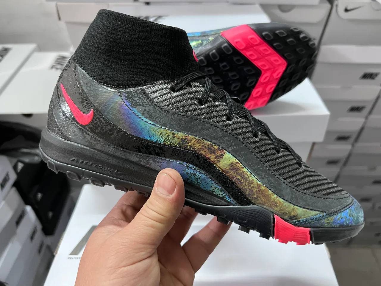 Nike Sapatos de Futebol Turf Preto Rosa Colar Ajustado a Meia Overlay de Onda Iridescente 6