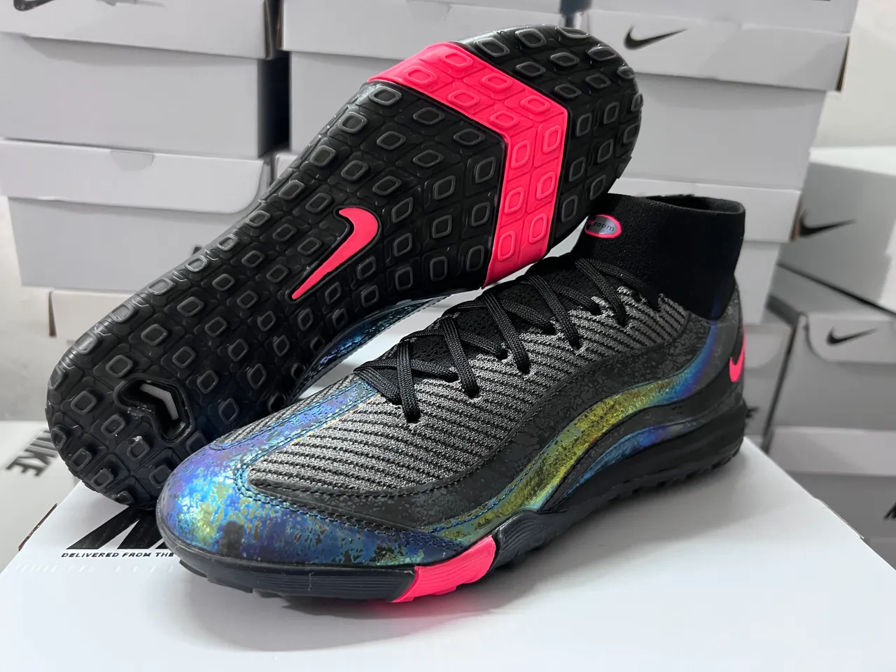 Nike Sapatos de Futebol Turf Preto Rosa Colar Ajustado a Meia Overlay de Onda Iridescente 7
