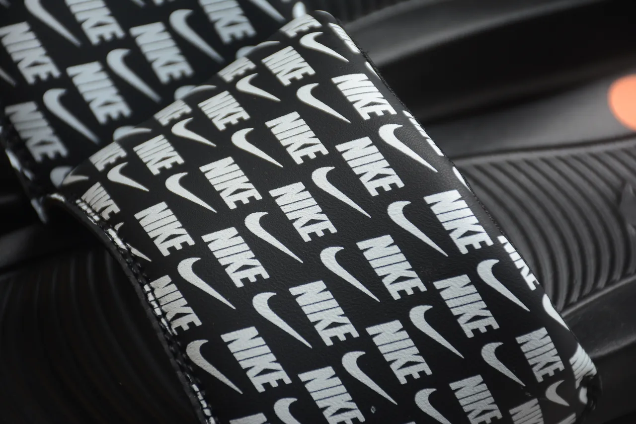 Nike Black White All-Over Logo Strap Molded Contoured Footbed Slippers 6