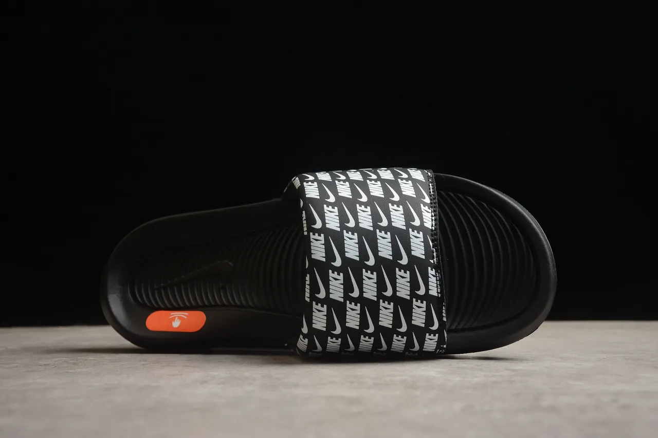 Nike Black White All-Over Logo Strap Molded Contoured Footbed Slippers 10