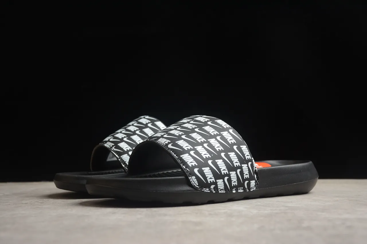 Nike Black White All-Over Logo Strap Molded Contoured Footbed Slippers 12