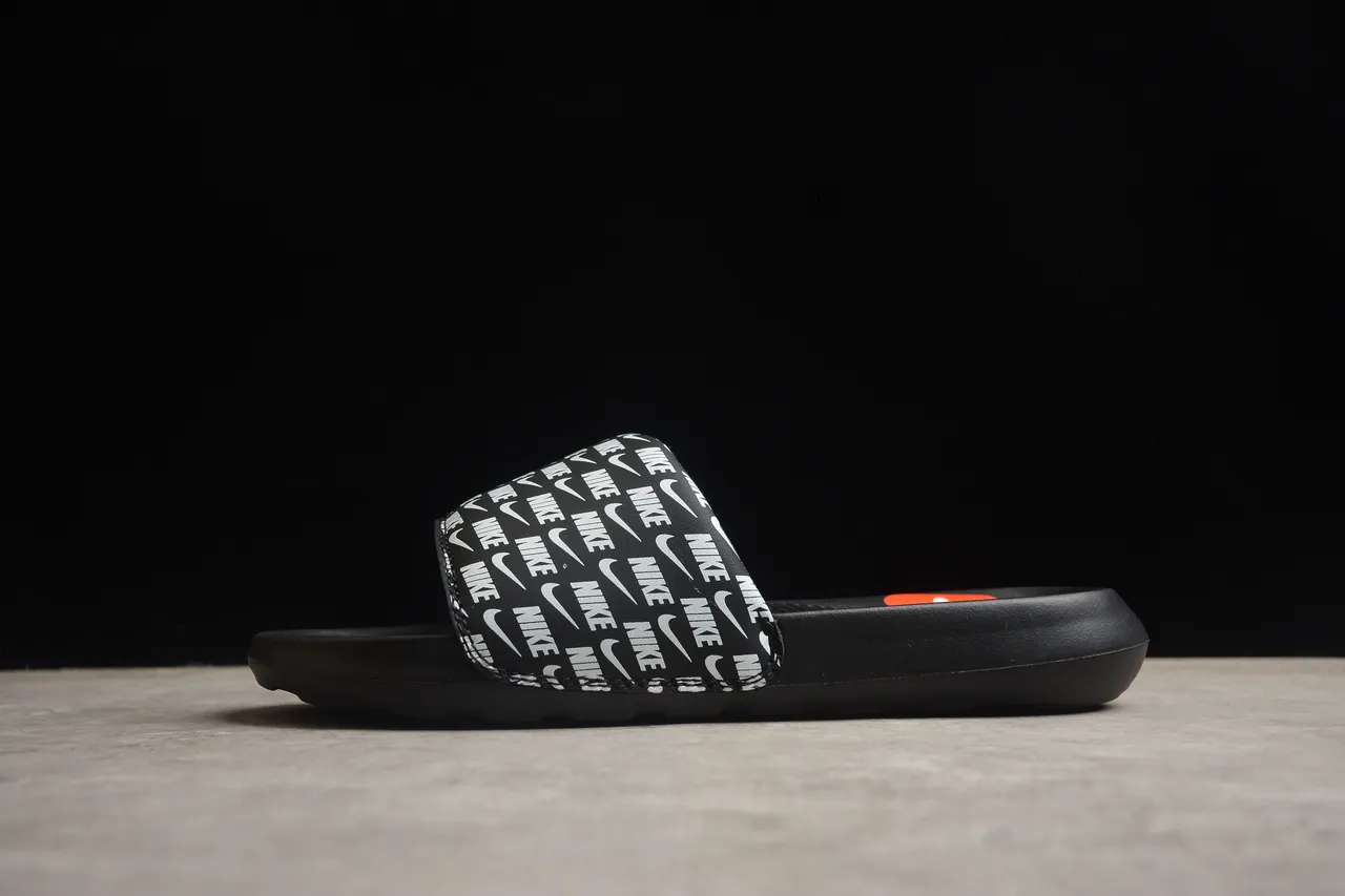 Nike Black White All-Over Logo Strap Molded Contoured Footbed Slippers 13