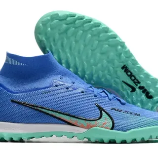 Nike Zapatillas de fútbol turf con studs cónicos, upper de tejido azul verde alto corte