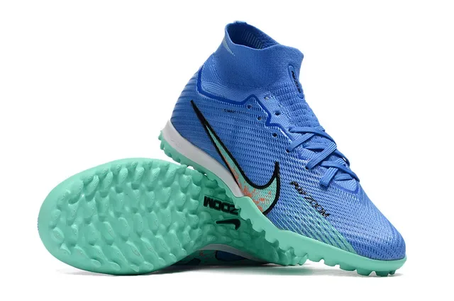 Nike Chaussures de Football Turf Upper en Maille Bleu Vert Haut de Coupe avec Studs Coniques 2