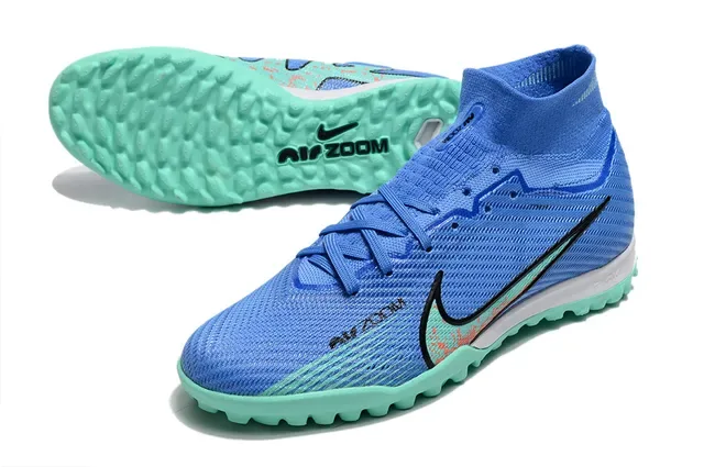 Nike Chaussures de Football Turf Upper en Maille Bleu Vert Haut de Coupe avec Studs Coniques 3