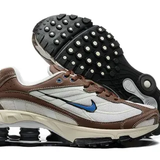 Nike Brown White Layered Mesh And Synthetic Upper Visible Shox-Style Heel Cushioning Pods Lifestyle Sneakers