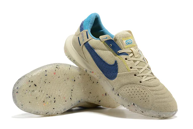 Nike Gato Chaussures de foot indoor Beige Bleu low top avec upper perforé suede-mesh 3