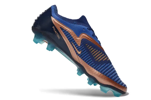 Nike Phantom GT Azul Dourado Tricô Ribeteado Superior Overlays Metálicos Cobre Sapatos de Futebol Firm Ground 2