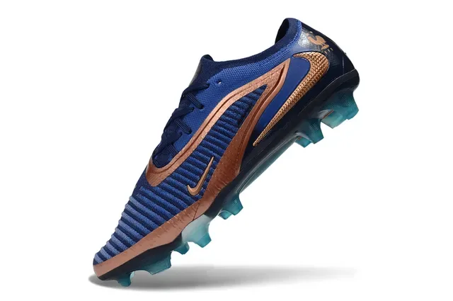 Nike Phantom GT Azul Dourado Tricô Ribeteado Superior Overlays Metálicos Cobre Sapatos de Futebol Firm Ground 3