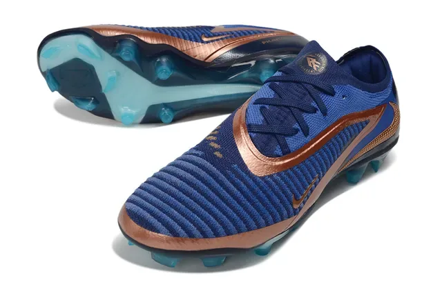 Nike Phantom GT Azul Dourado Tricô Ribeteado Superior Overlays Metálicos Cobre Sapatos de Futebol Firm Ground 4