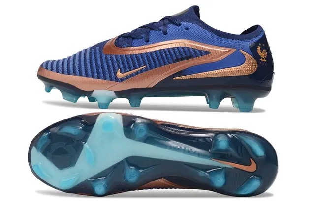 Nike Phantom GT Azul Dourado Tricô Ribeteado Superior Overlays Metálicos Cobre Sapatos de Futebol Firm Ground 6