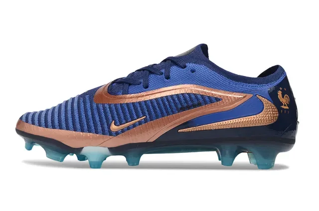 Nike Phantom GT Azul Dourado Tricô Ribeteado Superior Overlays Metálicos Cobre Sapatos de Futebol Firm Ground 7