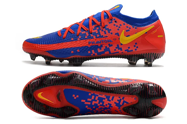 Nike Phantom GT Vermelho Azul Baixo Corte Tricô Superior Padrão Digital Pixelado Superfície Firme Sapatos de Futebol 23