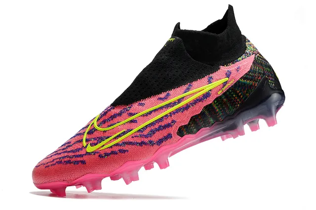 Nike Phantom GT Yellow Pink Ajuste de meia Malha Superior Assimétrica Sem cadarços Colar Superfície Firme Sapatos de futebol 5