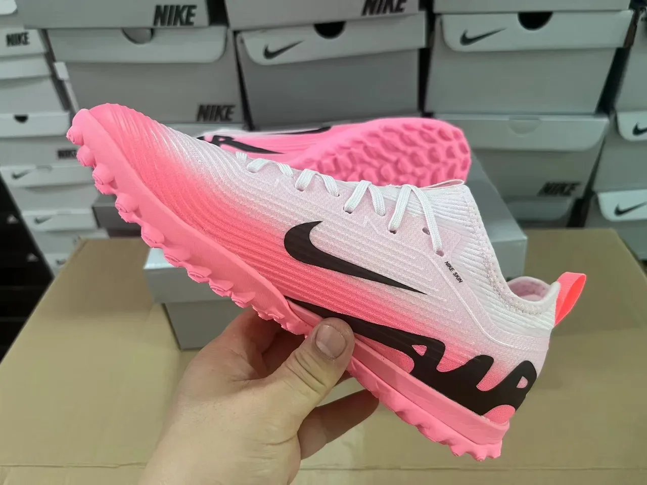 Nike Pink Black Knit Upper Low-Profile Sole Turf Soccer Shoes 4