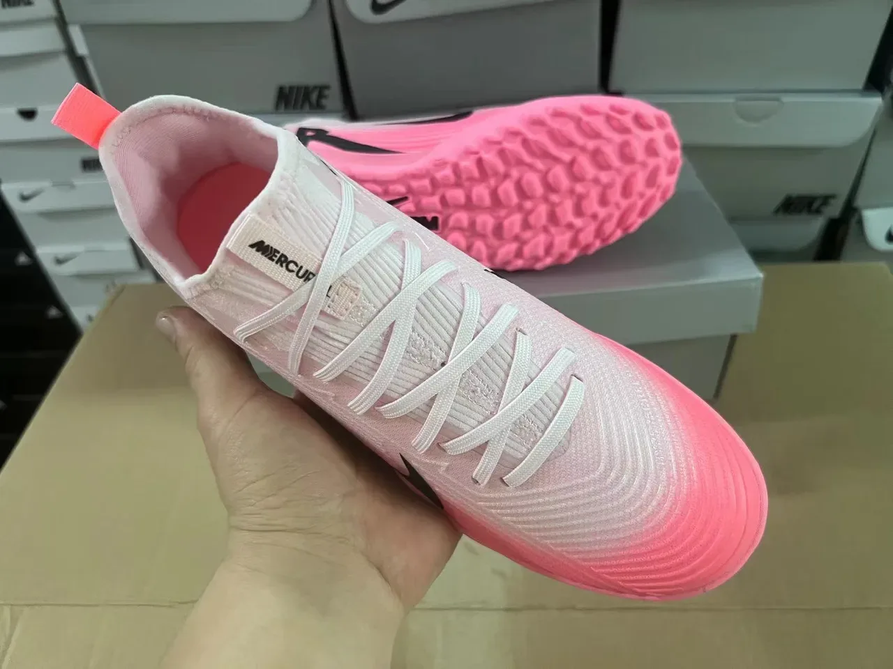 Nike Pink Black Knit Upper Low-Profile Sole Turf Soccer Shoes 5
