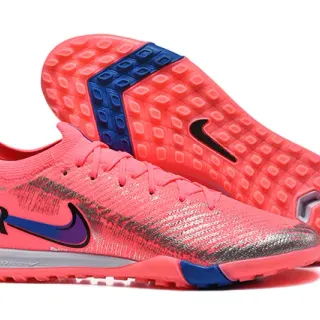 Nike Zapatos de fútbol con upper de knit rosa y azul, cuello bajo para césped