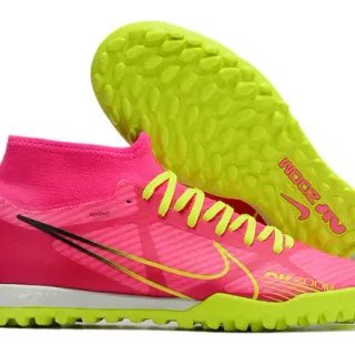Nike गुलाबी पीला हाई-कट फ्लाईनिट कॉलर नियोन कलर ब्लॉकिंग टर्फ सोकर शूज