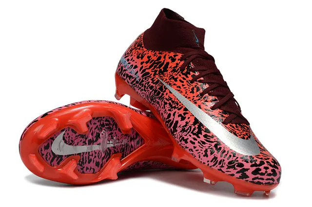 Nike Red Pink High-Cut Sock-Fit Collar Abstract Animal Print Upper Firm-Ground Soccer Shoes 2